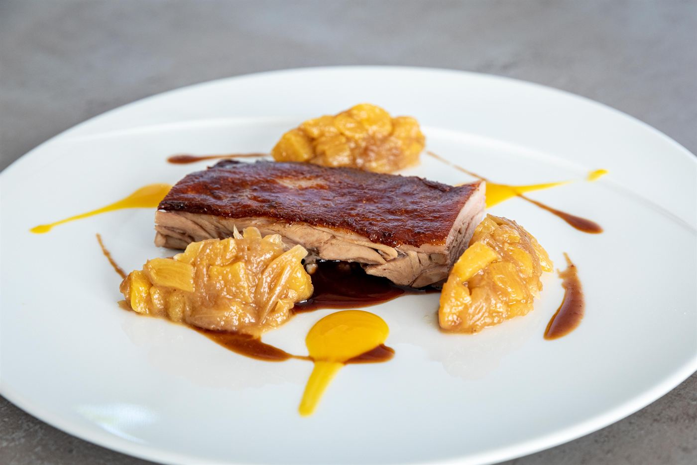 Glazed pork with fritters